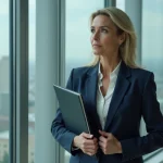 Femme d'affaires en costume dans un bureau moderne