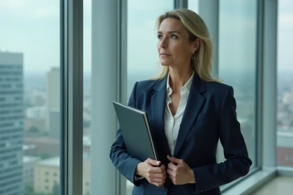 Femme d'affaires en costume dans un bureau moderne