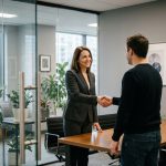 Femme d'affaires souriante serre la main d'un client dans un bureau moderne