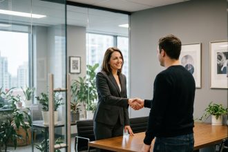 Femme d'affaires souriante serre la main d'un client dans un bureau moderne
