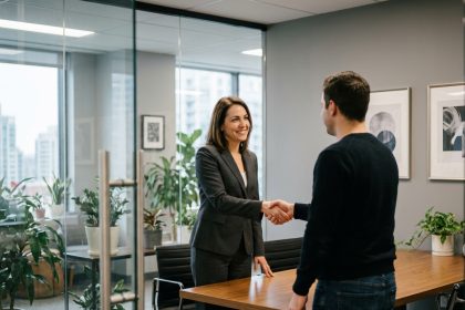 Femme d'affaires souriante serre la main d'un client dans un bureau moderne