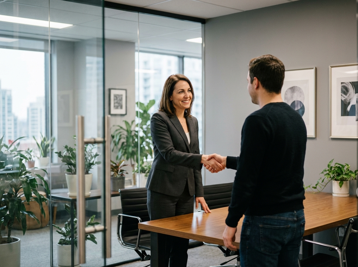 Femme d'affaires souriante serre la main d'un client dans un bureau moderne