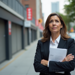 Femme d'affaires contemplant des documents sur un trottoir