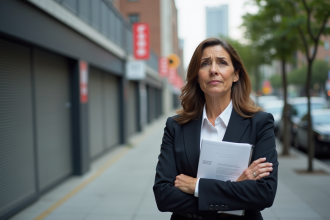 Femme d'affaires contemplant des documents sur un trottoir