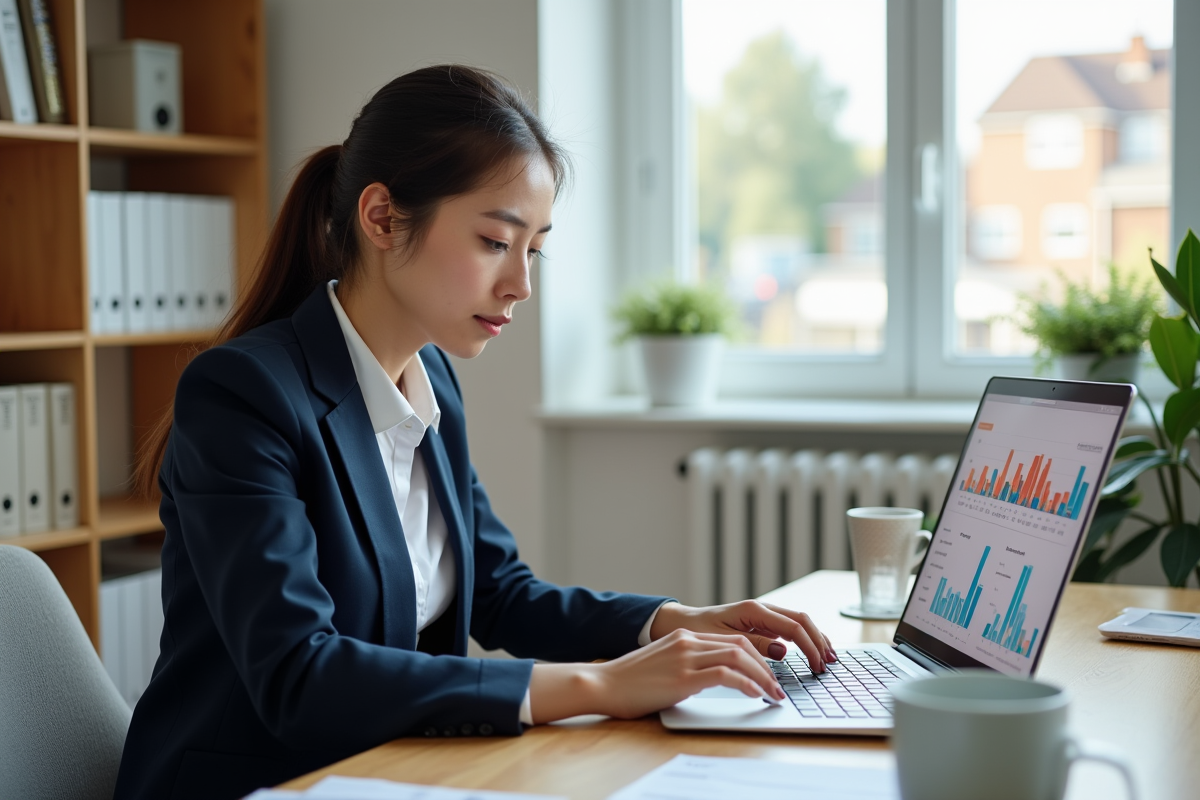 Jeune femme analysant infographies sur son ordinateur portable