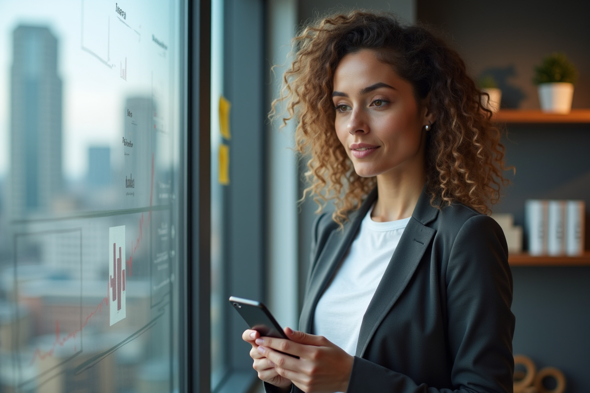 Femme analysant des données sur un moniteur dans un bureau urbain