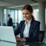 Femme confiante analysant des données marketing au bureau