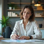 Femme d'âge moyen analysant des graphiques dans un bureau moderne