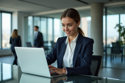 Femme confiante analysant des données marketing au bureau