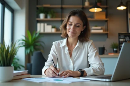 Femme d'âge moyen analysant des graphiques dans un bureau moderne