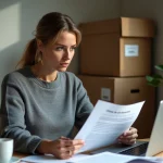 Femme à domicile examinant une offre d'emploi suspecte d'emballage à domicile sur son bureau avec des cartons en arrière-plan