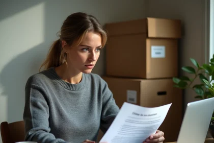 Femme à domicile examinant une offre d'emploi suspecte d'emballage à domicile sur son bureau avec des cartons en arrière-plan