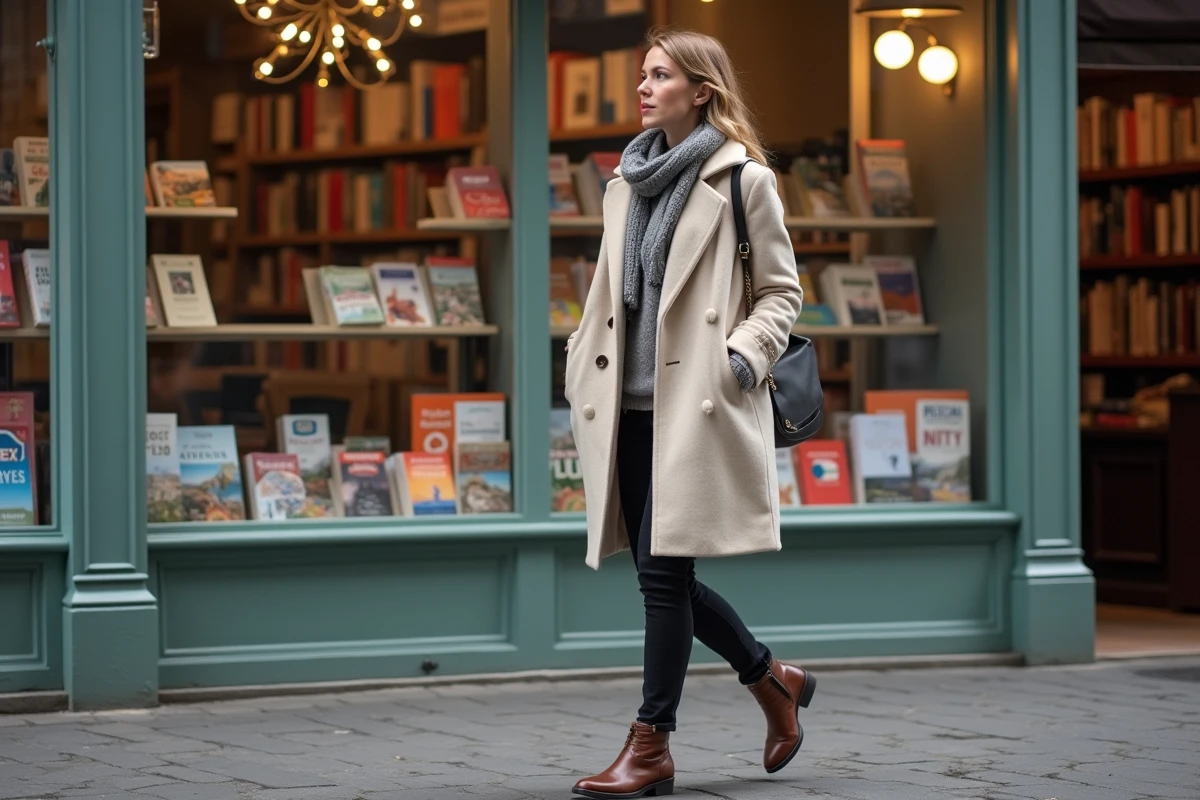 Femme marchant devant une librairie à Annecy