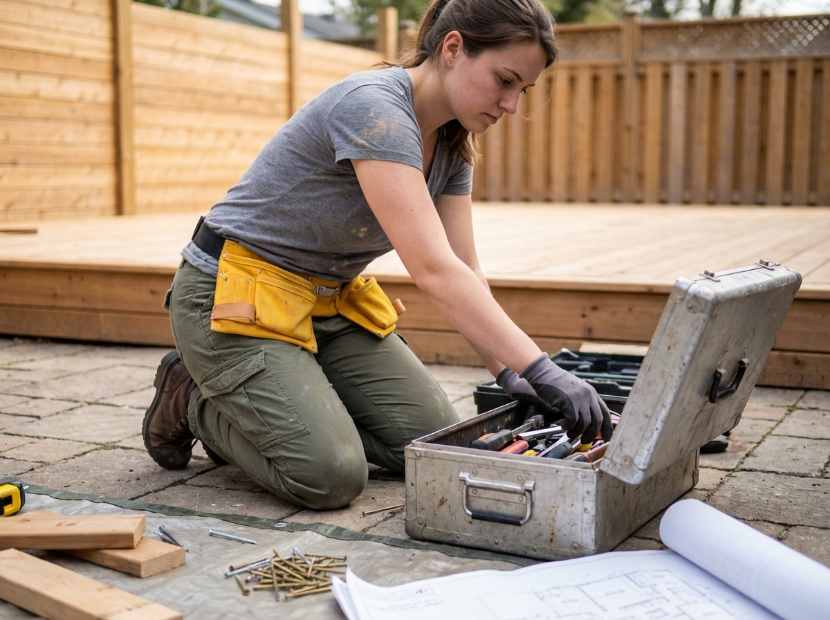 Jeune femme bricolant avec une boîte à outils en extérieur