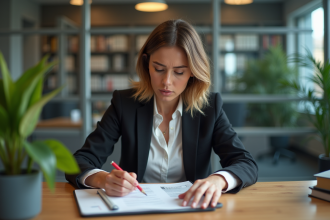 Femme en blazer consultat un carnet au bureau