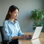 Femme au bureau saisissant ses identifiants sur un ordinateur