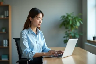 Femme au bureau saisissant ses identifiants sur un ordinateur