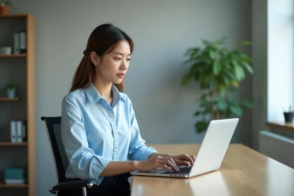 Femme au bureau saisissant ses identifiants sur un ordinateur