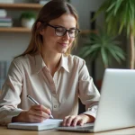 Femme en bureau moderne avec ordinateur portable et notes