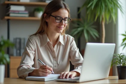 Femme en bureau moderne avec ordinateur portable et notes