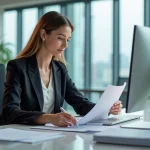 Femme d affaires au bureau en train de revoir des documents