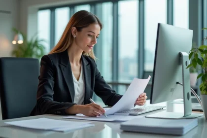 Femme d affaires au bureau en train de revoir des documents