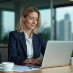 Femme professionnelle rédigeant un email formel avec formule de politesse pour règlement de facture client sur son ordinateur portable au bureau