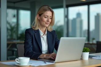 Femme professionnelle rédigeant un email formel avec formule de politesse pour règlement de facture client sur son ordinateur portable au bureau