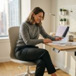 Femme travaillant confortablement à un bureau ergonomique réglable en hauteur dans un home office moderne bien organisé