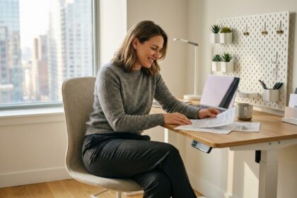 Femme travaillant confortablement à un bureau ergonomique réglable en hauteur dans un home office moderne bien organisé