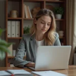 Femme réfléchie dans un bureau à domicile moderne