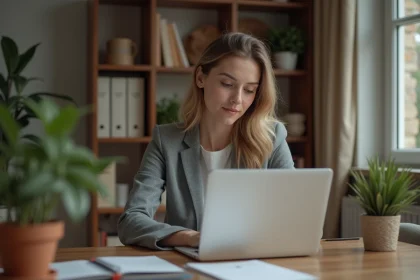 Femme réfléchie dans un bureau à domicile moderne