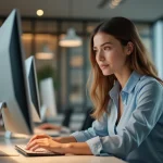 Femme en bureau mettant à jour ses infos personnelles