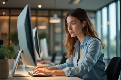 Femme en bureau mettant à jour ses infos personnelles