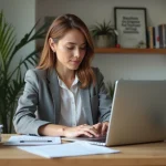 Jeune femme au bureau en tenue professionnelle travaillant sur son ordinateur