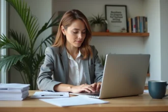 Jeune femme au bureau en tenue professionnelle travaillant sur son ordinateur