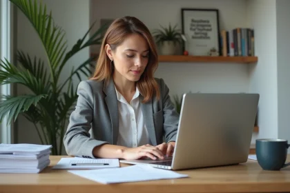 Jeune femme au bureau en tenue professionnelle travaillant sur son ordinateur