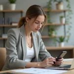 Femme en bureau moderne étudie des plans tarifaires