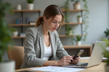 Femme en bureau moderne étudie des plans tarifaires