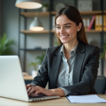 Femme d affaires concentrée sur son profil sur un ordinateur