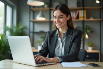 Femme d affaires concentrée sur son profil sur un ordinateur