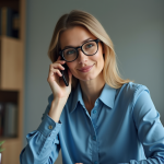 Femme au bureau en blouse bleue et lunettes