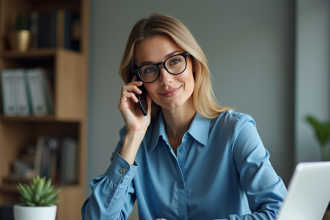 Femme au bureau en blouse bleue et lunettes
