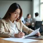 Femme cadre en entreprise consultant un planning annuel de jours travaillés posé sur son bureau, avec un ordinateur portable affichant un calendrier