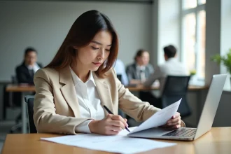 Femme cadre en entreprise consultant un planning annuel de jours travaillés posé sur son bureau, avec un ordinateur portable affichant un calendrier
