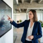 Femme cadre analysant un diagramme de workflow sur écran tactile dans un bureau moderne — IA agentique et modélisation des processus métier