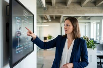 Femme cadre analysant un diagramme de workflow sur écran tactile dans un bureau moderne — IA agentique et modélisation des processus métier