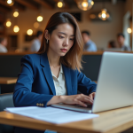 Jeune femme en café lisant un contrat sur son ordinateur