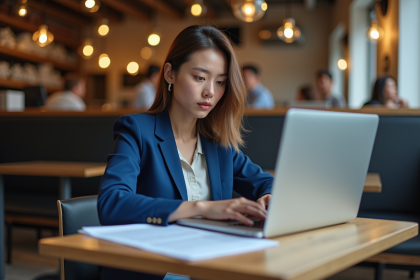 Jeune femme en café lisant un contrat sur son ordinateur