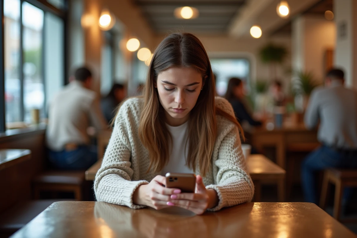 Jeune femme au café scrollant des avis sur son smartphone